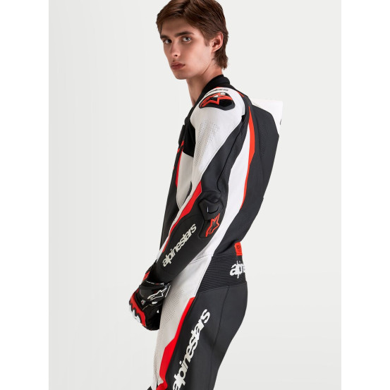 Combinaison cuir moto Alpinestars Missile V3 1 pièce - Noir Blanc Rouge fluo