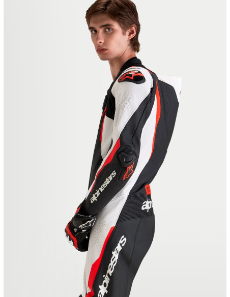 Combinaison cuir moto Alpinestars Missile V3 1 pièce - Noir Blanc Rouge fluo