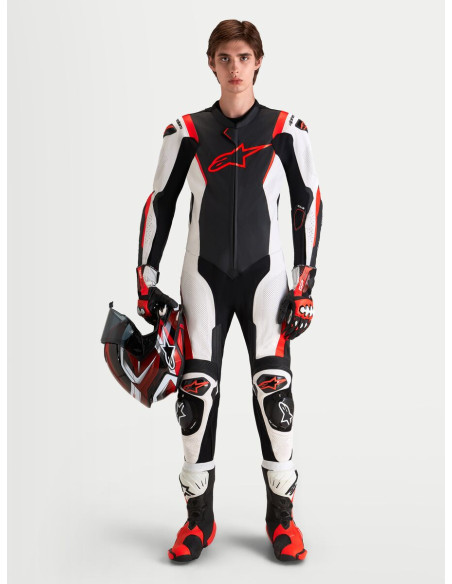 Combinaison cuir moto Alpinestars Missile V3 1 pièce - Noir Blanc Rouge fluo