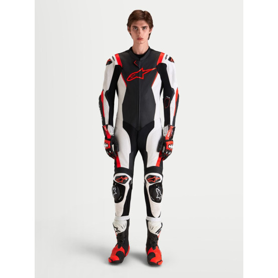 Combinaison cuir moto Alpinestars Missile V3 1 pièce - Noir Blanc Rouge fluo