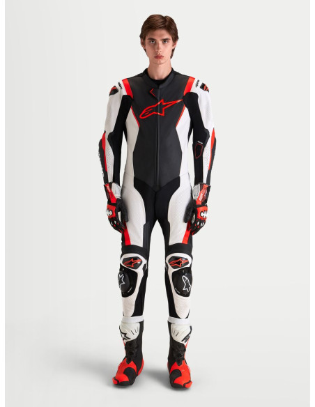 Combinaison cuir moto Alpinestars Missile V3 1 pièce - Noir Blanc Rouge fluo