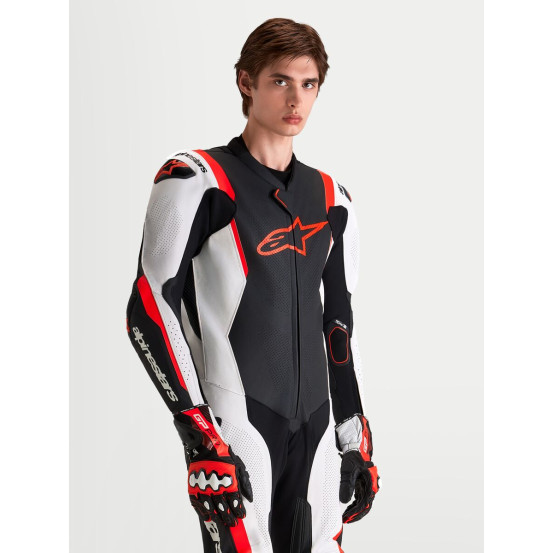 Combinaison cuir moto Alpinestars Missile V3 1 pièce - Noir Blanc Rouge fluo