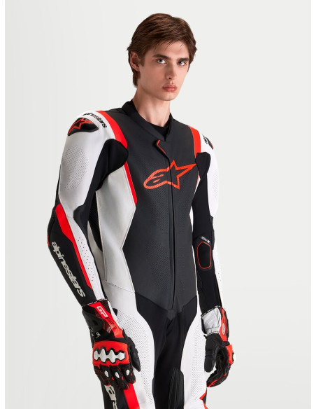 Combinaison cuir moto Alpinestars Missile V3 1 pièce - Noir Blanc Rouge fluo