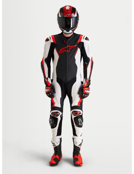 Combinaison cuir moto Alpinestars Missile V3 1 pièce - Noir Blanc Rouge fluo