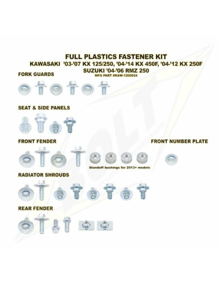 Kit vis plastiques BOLT Kawasaki 125/250 KX 2003-2007 250 KXF 2004-2016 450 KXF 2004-2015 Suzuki 250 RMZ 2004-2006