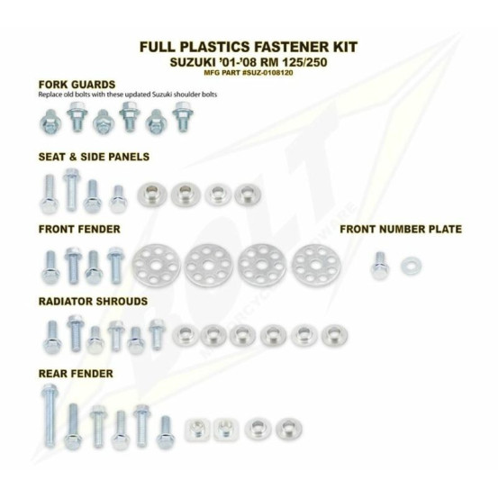 Kit vis plastiques BOLT Suzuki 125/250 RM 2001-2008