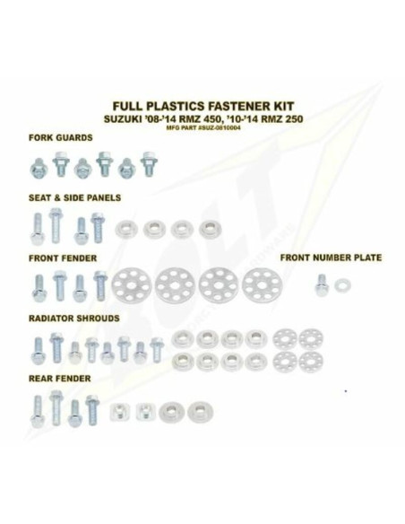 Kit vis plastiques BOLT Suzuki 250 RMZ 2010-2016 450 RMZ 2008-2016