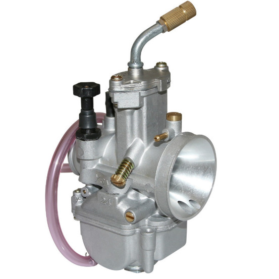 Carburateur type Keihin PWK 24 Silver à boisseau plat (avec Powerjet - entrée d'air polie - coude tournant - starter à tirette)