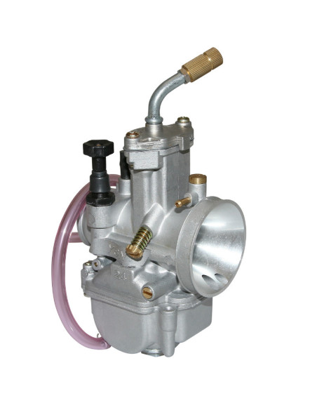 Carburateur type Keihin PWK 24 Silver à boisseau plat (avec Powerjet - entrée d'air polie - coude tournant - starter à tirette)