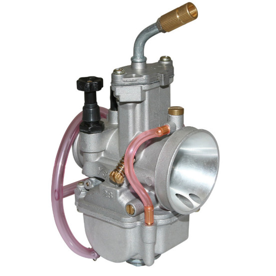 Carburateur type Keihin PWK 28 Silver à boisseau plat (avec Powerjet - entrée d'air polie - coude tournant - starter à tirette)