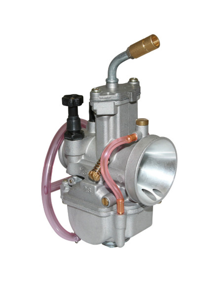 Carburateur type Keihin PWK 28 Silver à boisseau plat (avec Powerjet - entrée d'air polie - coude tournant - starter à tirette)