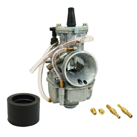 Carburateur type Keihin PWK 26 Silver à boisseau plat (avec Powerjet - entrée d'air polie - coude tournant - starter à tirette)