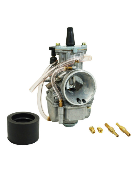 Carburateur type Keihin PWK 26 Silver à boisseau plat (avec Powerjet - entrée d'air polie - coude tournant - starter à tirette)