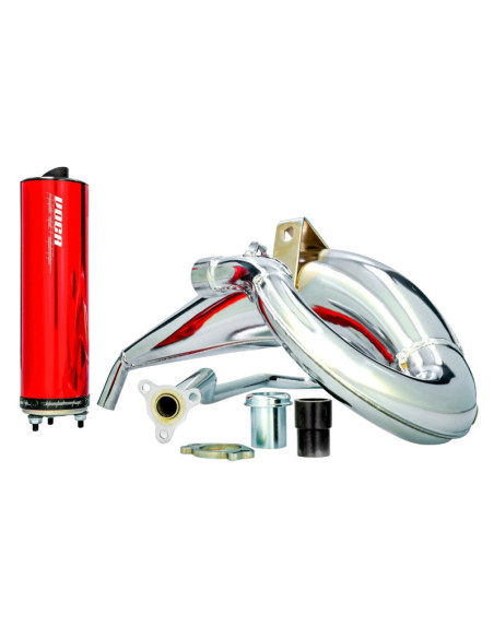 Pot d'échappement Voca Cross Chromed Derbi 50 Senda/Senda DRD/Aprilia 50 RX/SX (passage haut - silencieux Aluminium Rouge)
