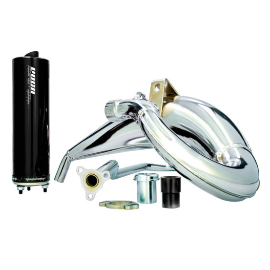 Pot d'échappement Voca Cross Chromed Derbi 50 Senda/Senda DRD/Aprilia 50 RX/SX (passage haut - silencieux Aluminium Noir)