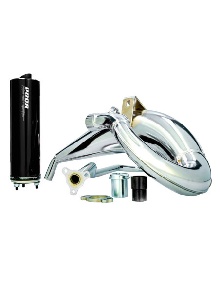Pot d'échappement Voca Cross Chromed Derbi 50 Senda/Senda DRD/Aprilia 50 RX/SX (passage haut - silencieux Aluminium Noir)